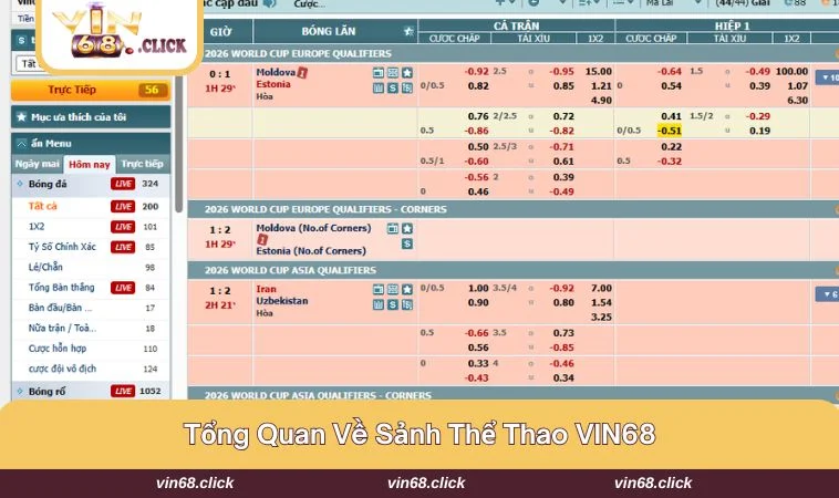 Sảnh thể thao VIN68 có giao diện tối ưu và chất lượng tuyệt vời